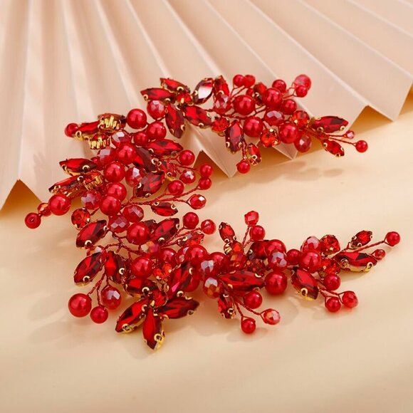 Wedding Bridal Pearl Ruby Red Hair Vine Handmade Boho Beads Jewelry Accessories main image 4